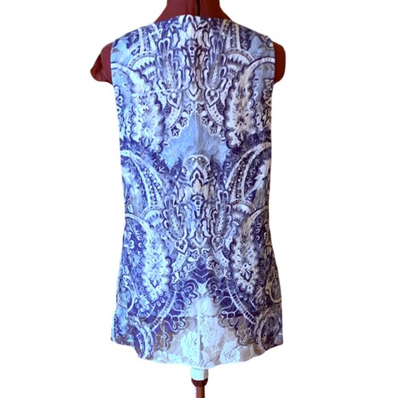 LE GRENIER -  Blue & white Lace Layered Sleeveless Top L - Picture 3 of 8